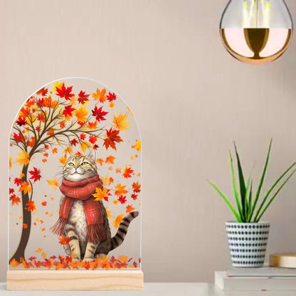 Autumn Cat - Lightweight Arch Acrylic Table Sign with Wood Stand