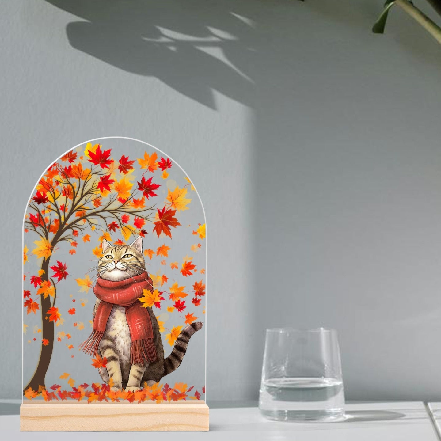 Autumn Cat - Lightweight Arch Acrylic Table Sign with Wood Stand