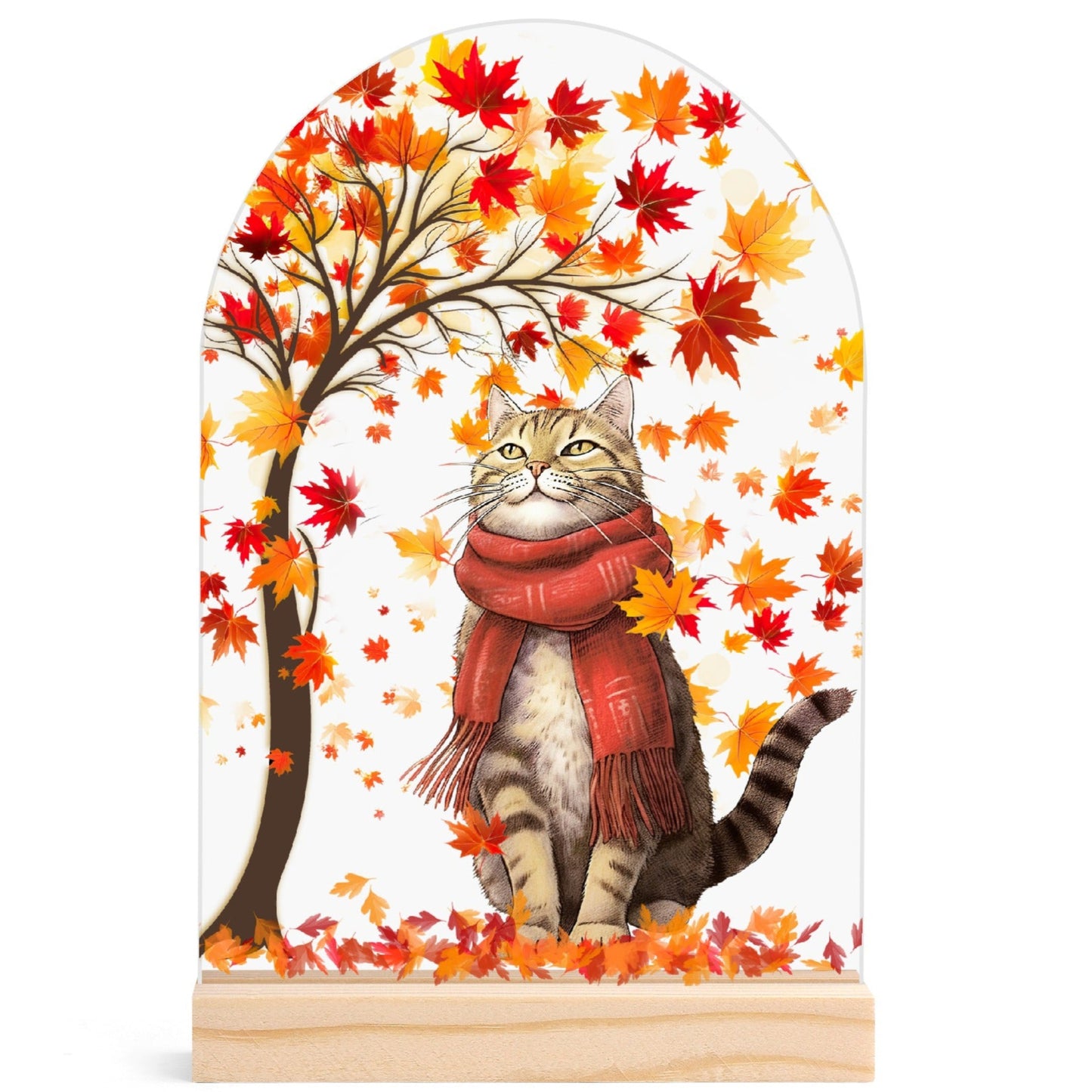 Autumn Cat - Lightweight Arch Acrylic Table Sign with Wood Stand