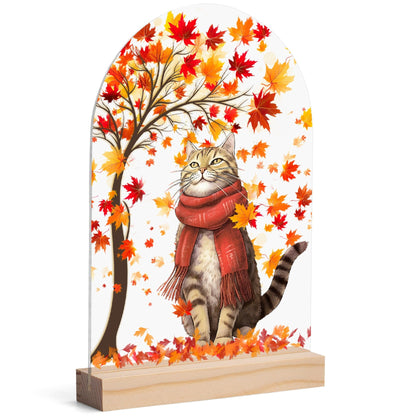 Autumn Cat - Lightweight Arch Acrylic Table Sign with Wood Stand