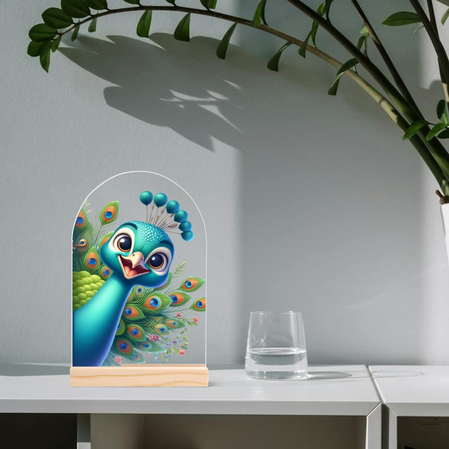 Peeking Peacock - Lightweight Arch Acrylic Table Sign with Wood Stand