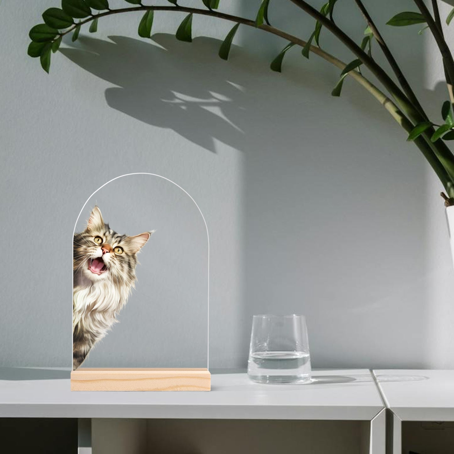 Peeking Cat - Lightweight Arch Acrylic Table Sign with Wood Stand