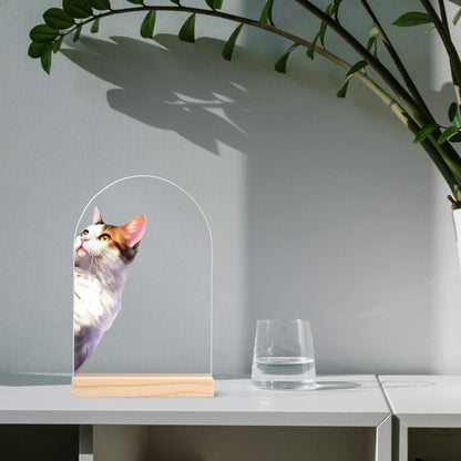 Peeking Cat - Lightweight Arch Acrylic Table Sign with Wood Stand