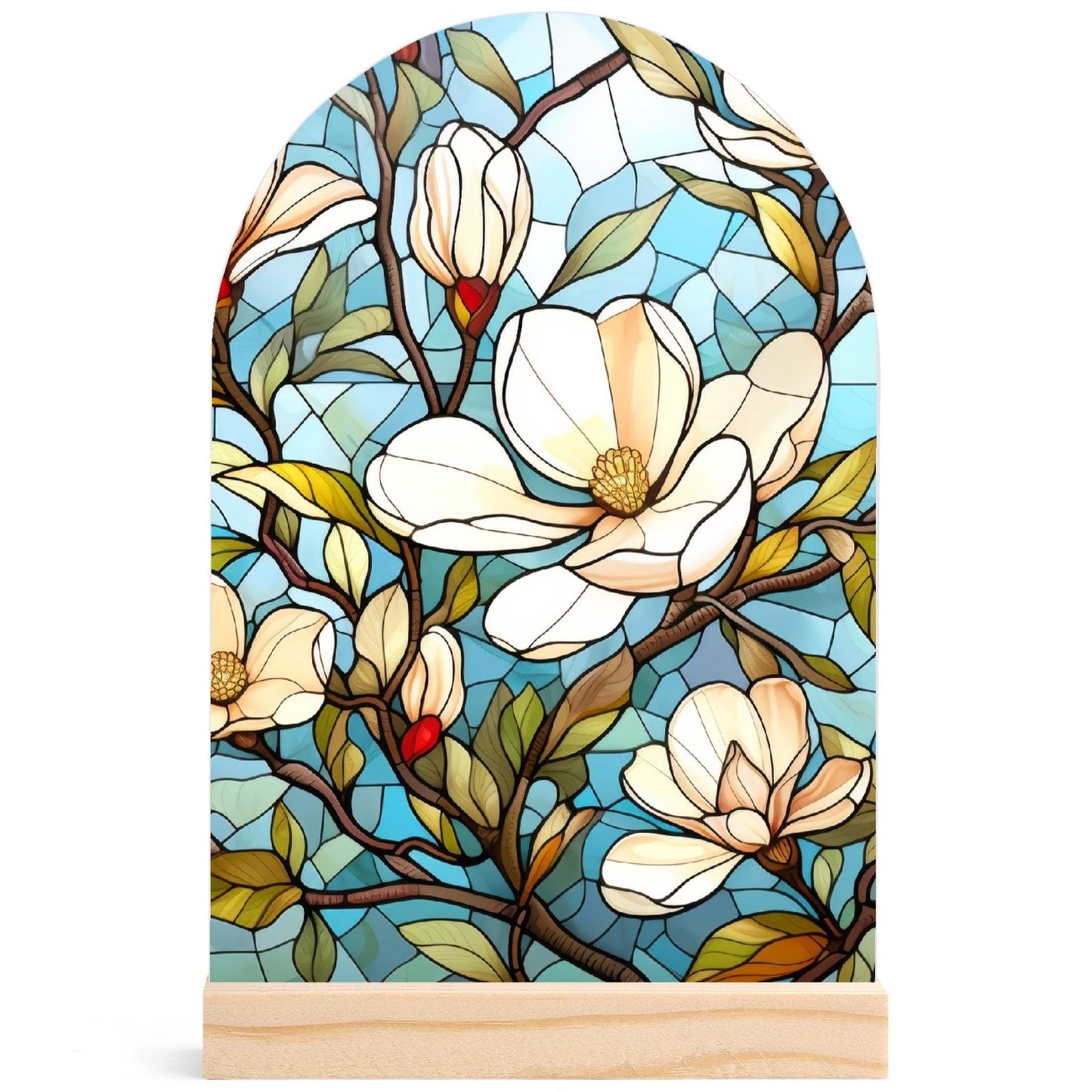 Stained Glass Florals - Lightweight Arch Acrylic Table Sign with Wood Stand