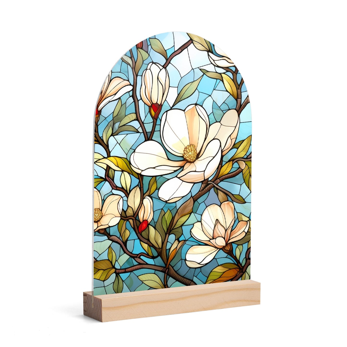 Stained Glass Florals - Lightweight Arch Acrylic Table Sign with Wood Stand