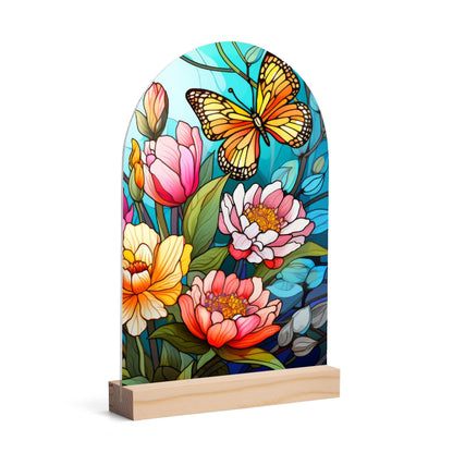 Stained Glass Leaves - Lightweight Arch Acrylic Table Sign with Wood Stand