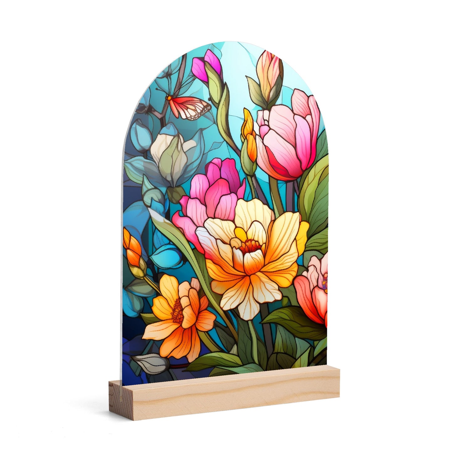 Stained Glass Leaves - Lightweight Arch Acrylic Table Sign with Wood Stand