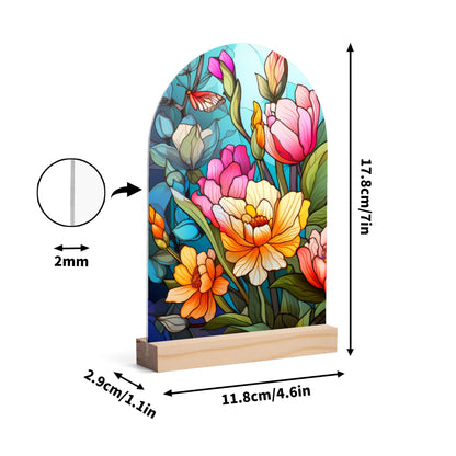 Stained Glass Leaves - Lightweight Arch Acrylic Table Sign with Wood Stand