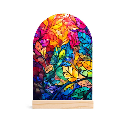 Stained Glass Leaves - Lightweight Arch Acrylic Table Sign with Wood Stand