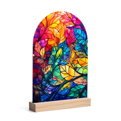 Stained Glass Leaves - Lightweight Arch Acrylic Table Sign with Wood Stand