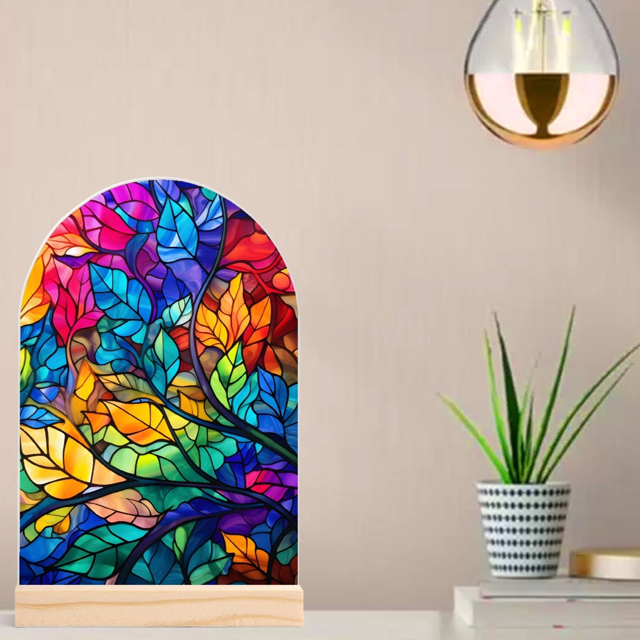 Stained Glass Leaves - Lightweight Arch Acrylic Table Sign with Wood Stand