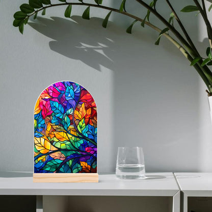 Stained Glass Leaves - Lightweight Arch Acrylic Table Sign with Wood Stand