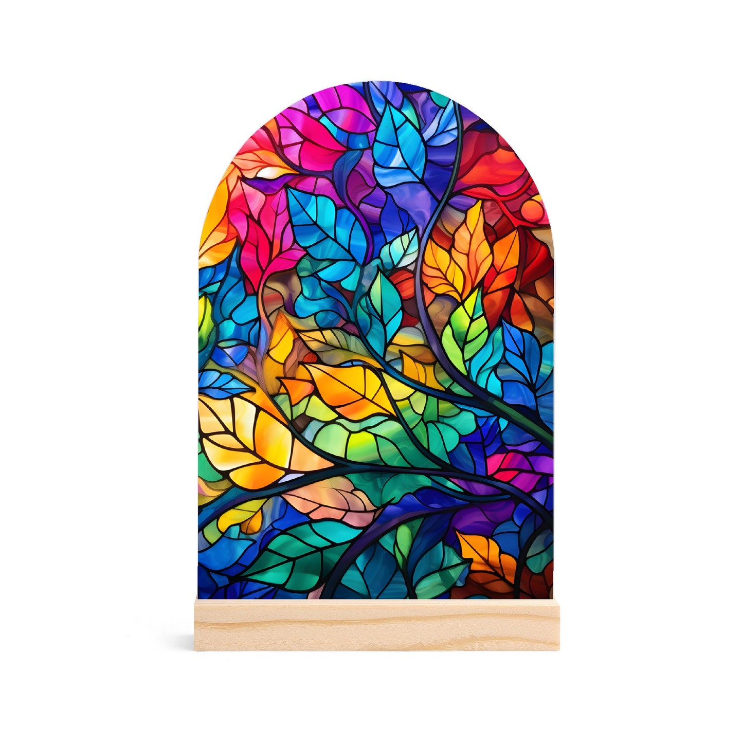 Stained Glass Leaves - Lightweight Arch Acrylic Table Sign with Wood Stand