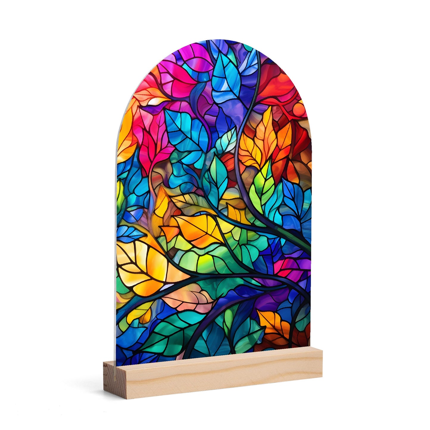 Stained Glass Leaves - Lightweight Arch Acrylic Table Sign with Wood Stand