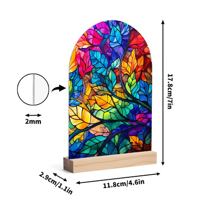 Stained Glass Leaves - Lightweight Arch Acrylic Table Sign with Wood Stand