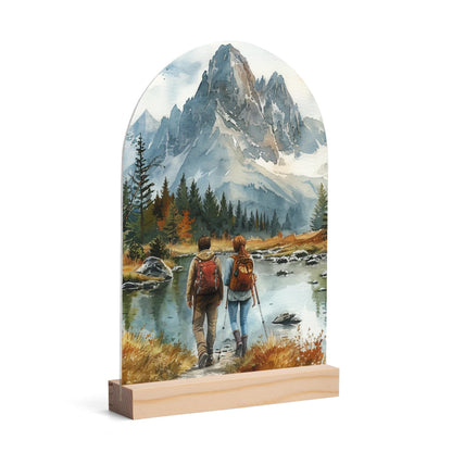 Hiking - Lightweight Arch Acrylic Table Sign with Wood Stand