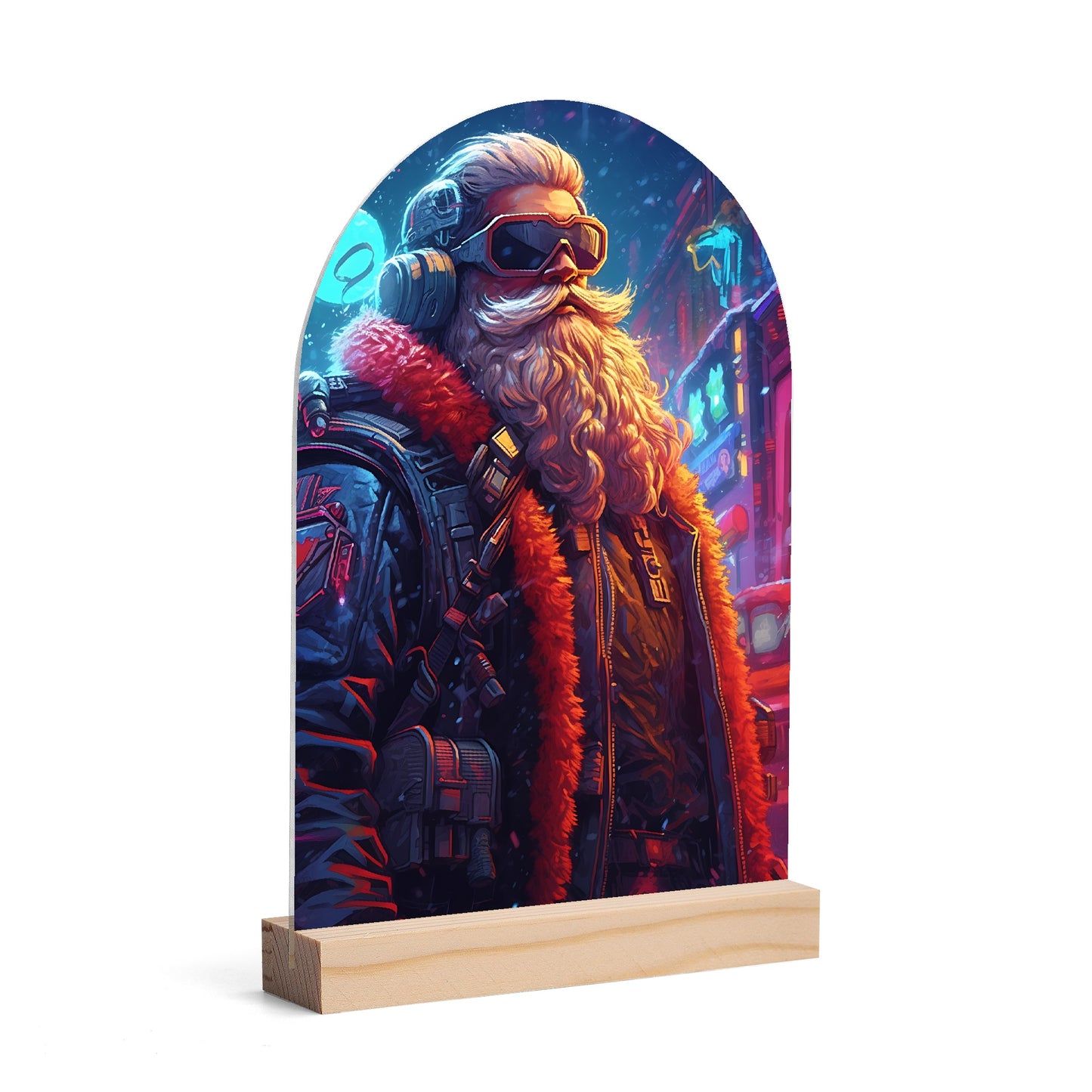 Steam Punk Santas - Lightweight Arch Acrylic Table Sign with Wood Stand