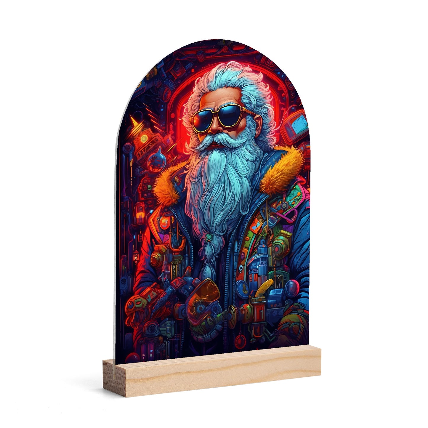 Steam Punk Santas - Lightweight Arch Acrylic Table Sign with Wood Stand