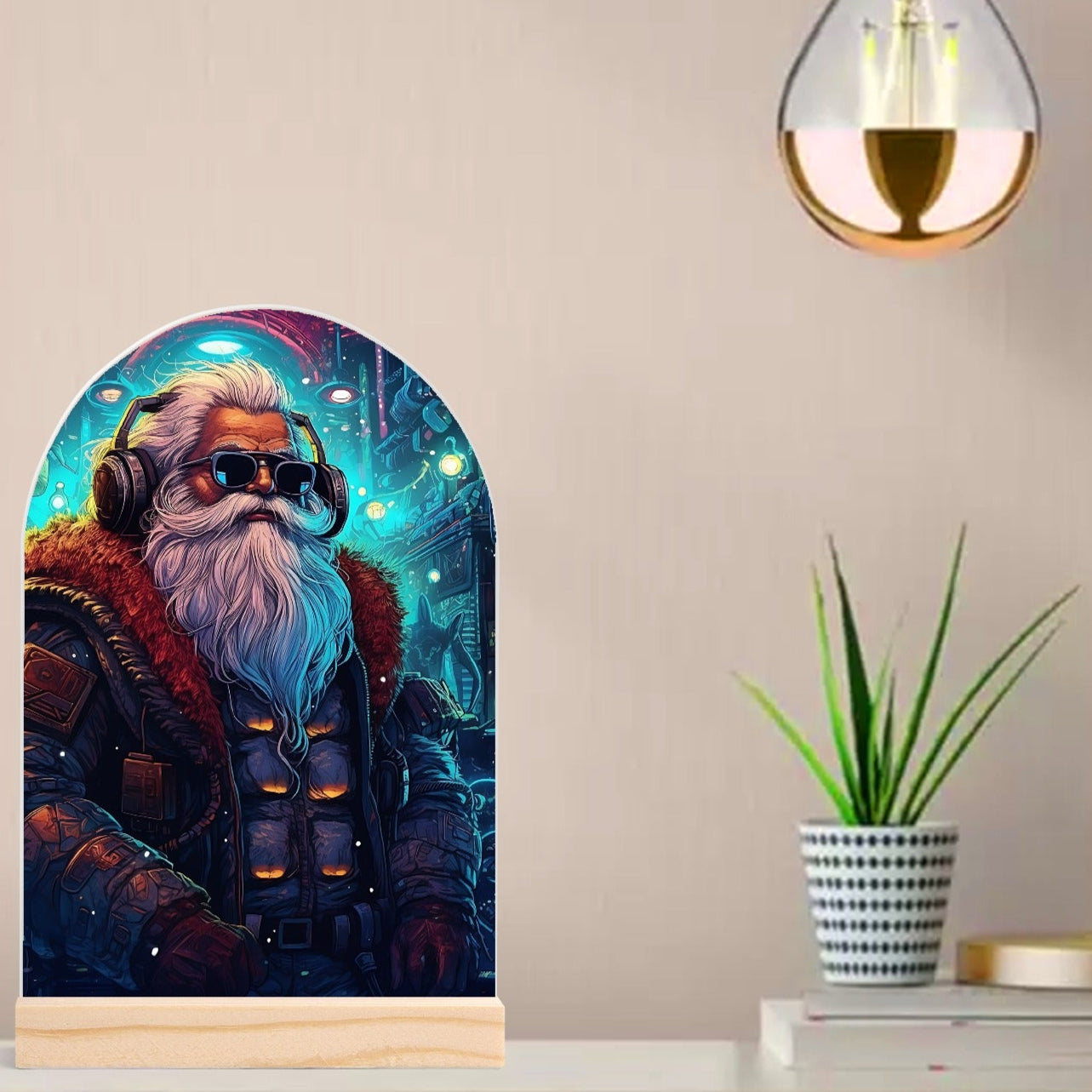 Steam Punk Santas - Lightweight Arch Acrylic Table Sign with Wood Stand