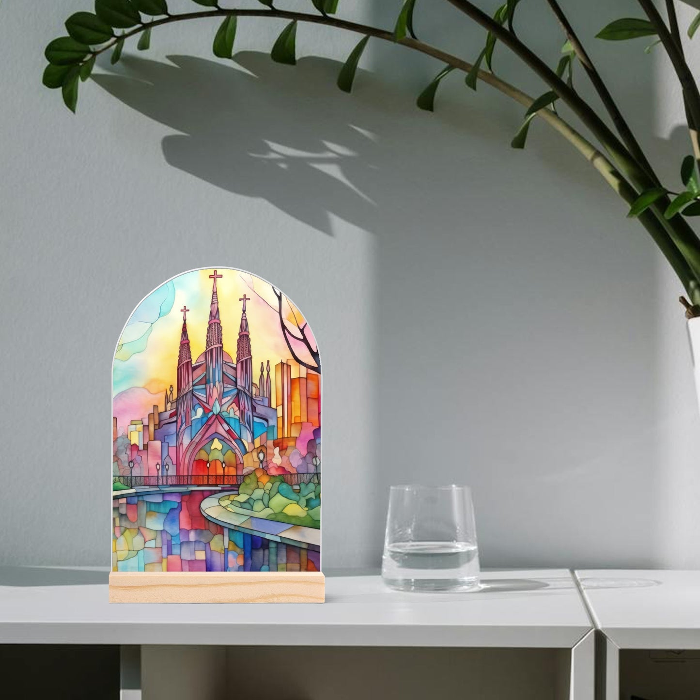 Church - Lightweight Arch Acrylic Table Sign with Wood Stand