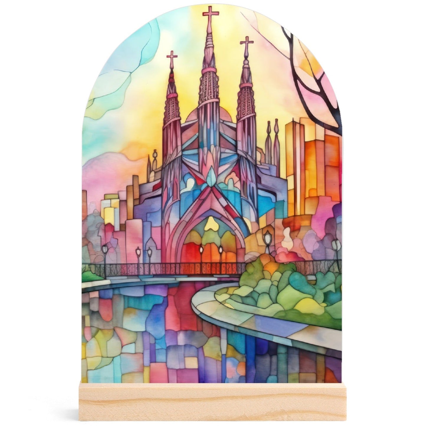 Church - Lightweight Arch Acrylic Table Sign with Wood Stand