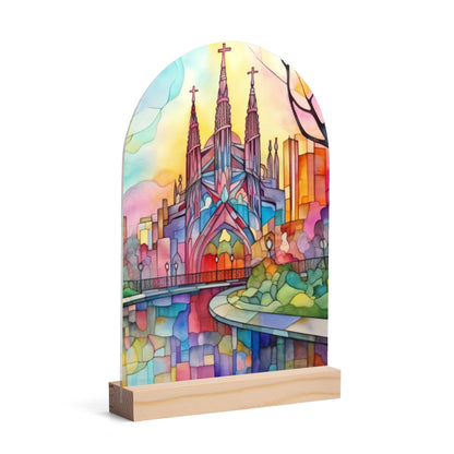 Church - Lightweight Arch Acrylic Table Sign with Wood Stand