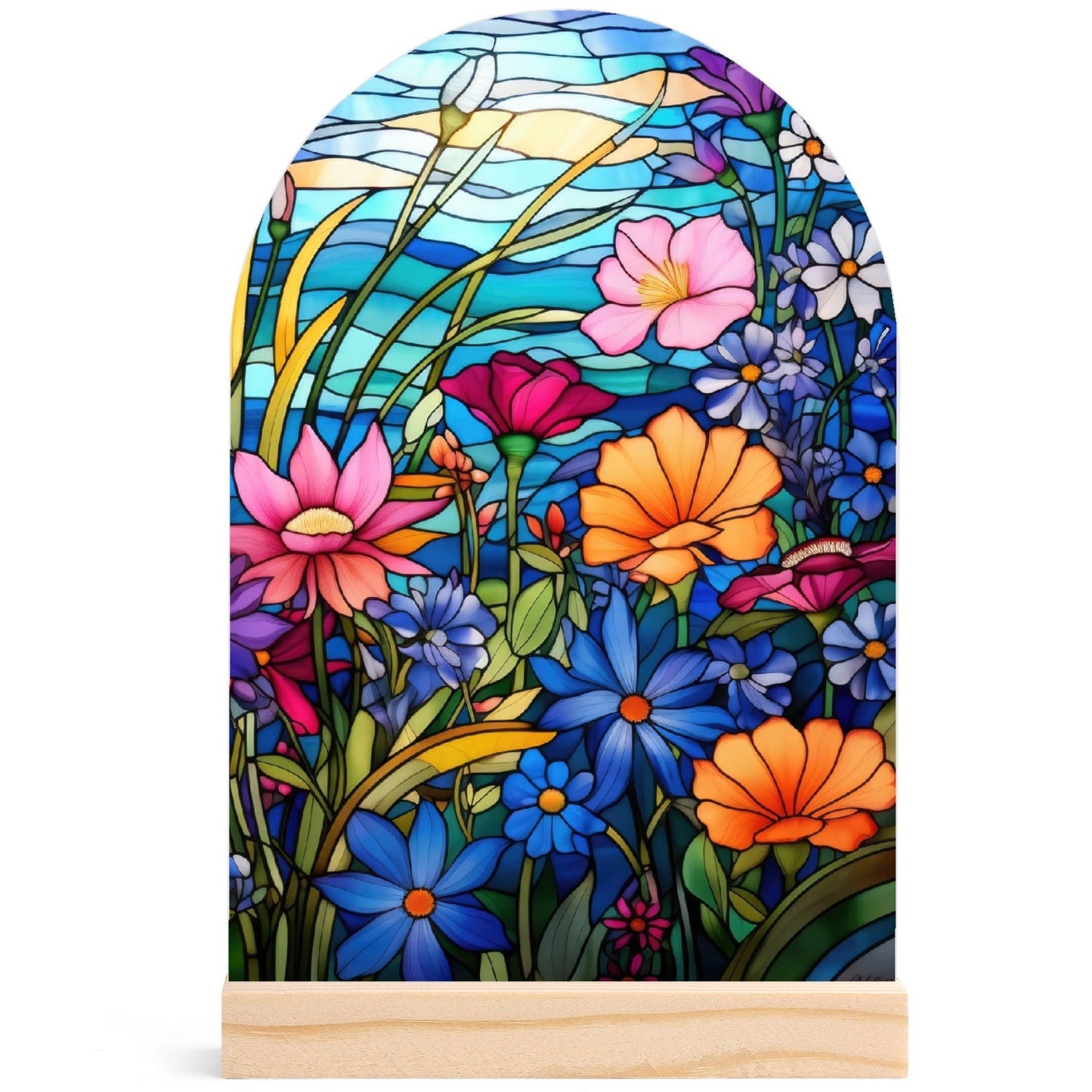 Stained Glass Florals - Lightweight Arch Acrylic Table Sign with Wood Stand