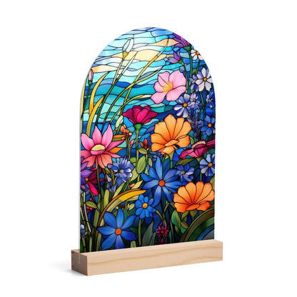 Stained Glass Florals - Lightweight Arch Acrylic Table Sign with Wood Stand