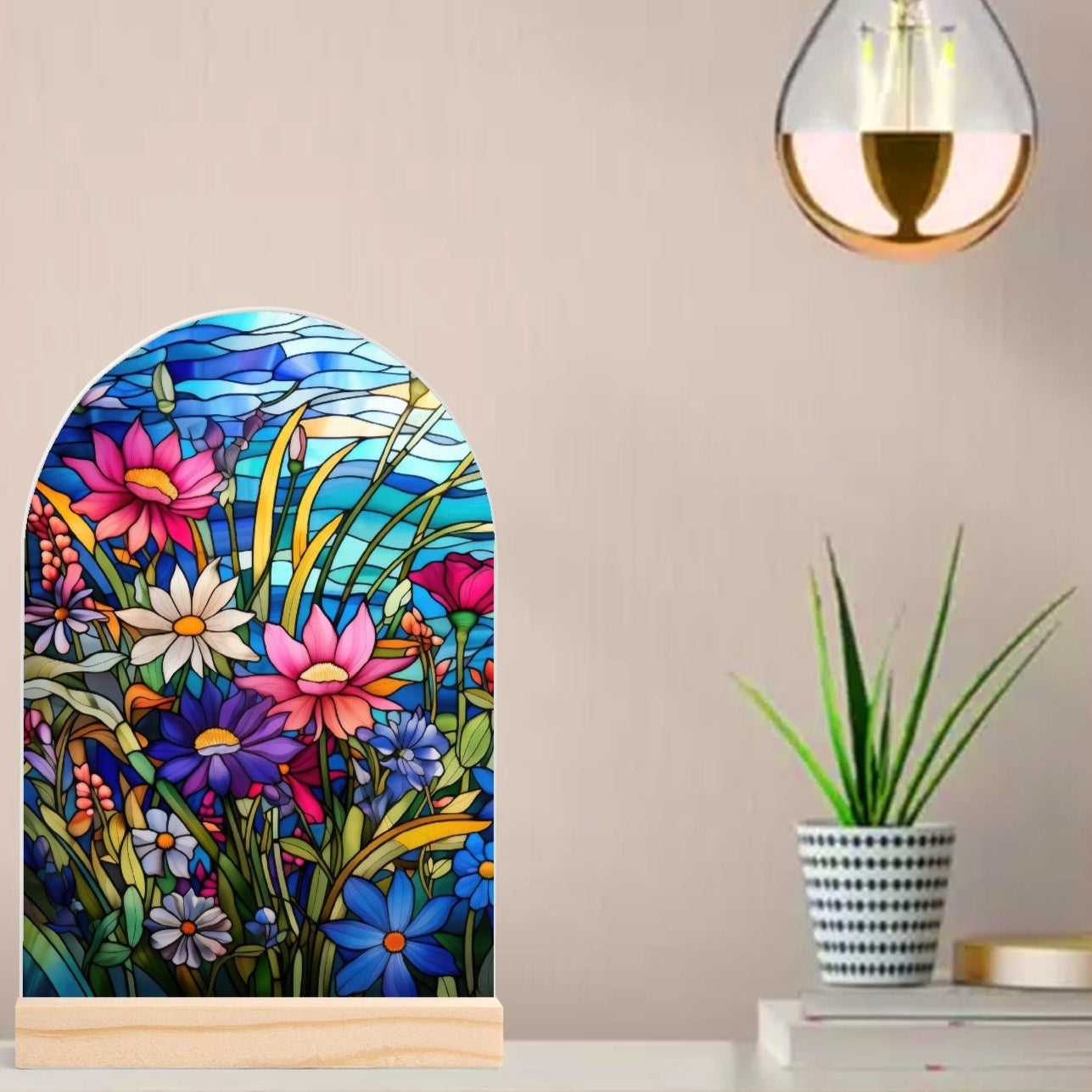 Stained Glass Florals - Lightweight Arch Acrylic Table Sign with Wood Stand