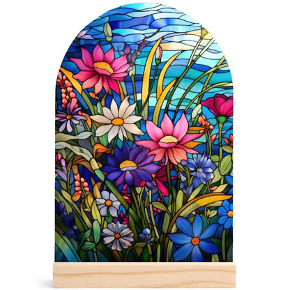 Stained Glass Florals - Lightweight Arch Acrylic Table Sign with Wood Stand