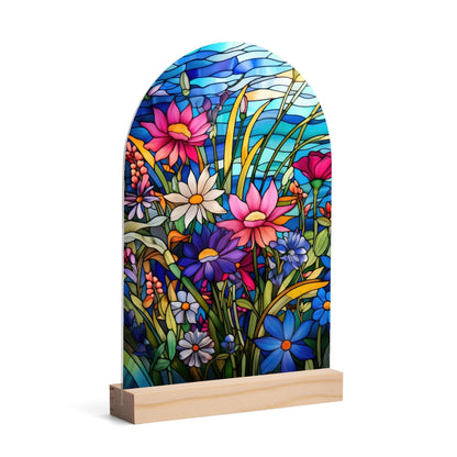 Stained Glass Florals - Lightweight Arch Acrylic Table Sign with Wood Stand