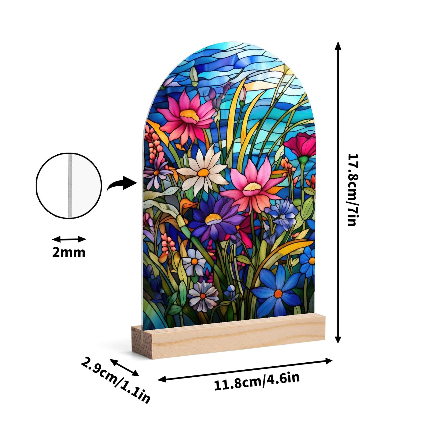 Stained Glass Florals - Lightweight Arch Acrylic Table Sign with Wood Stand