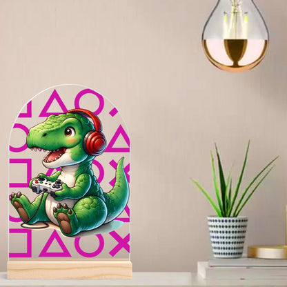 Baby T-Rex Gamer - Lightweight Arch Acrylic Table Sign with Wood Stand