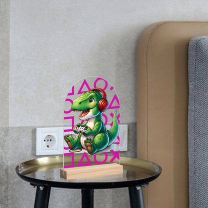 Baby T-Rex Gamer - Lightweight Arch Acrylic Table Sign with Wood Stand