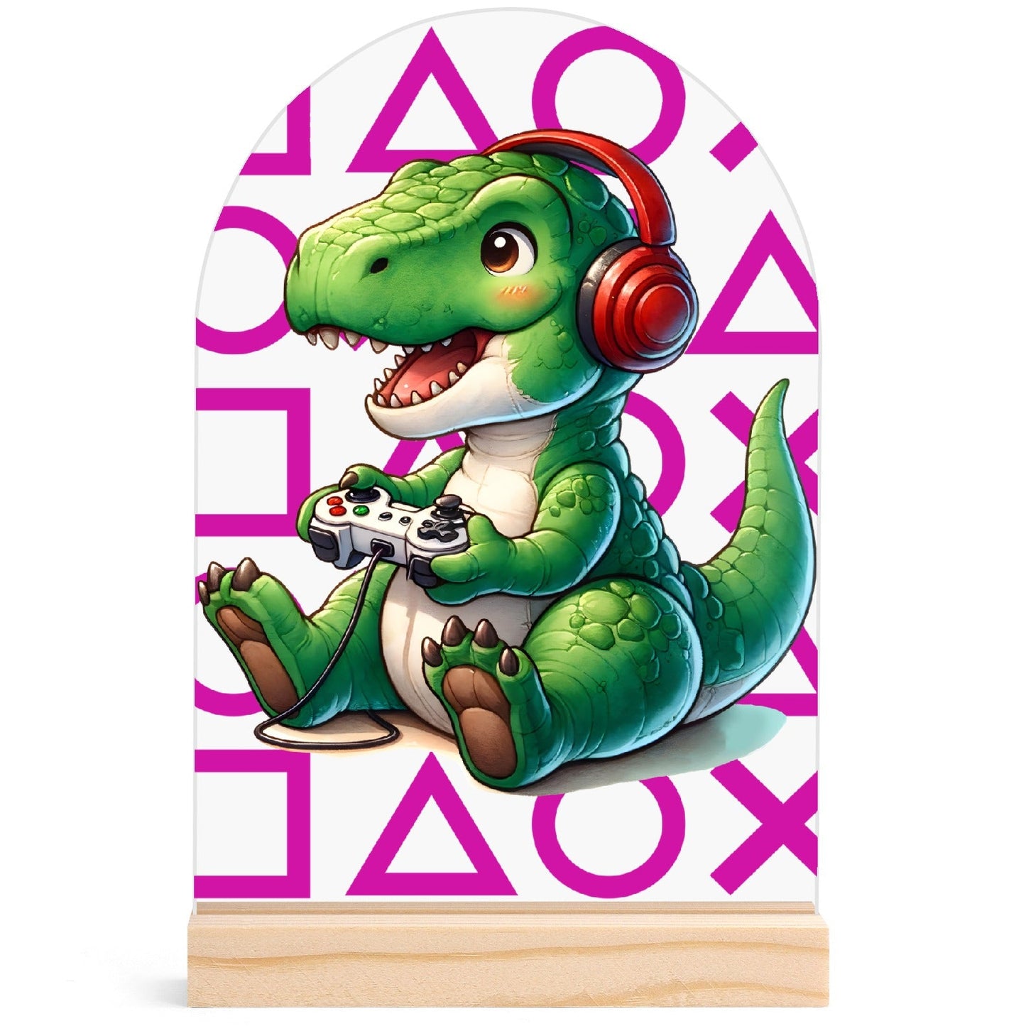 Baby T-Rex Gamer - Lightweight Arch Acrylic Table Sign with Wood Stand