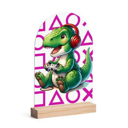 Baby T-Rex Gamer - Lightweight Arch Acrylic Table Sign with Wood Stand