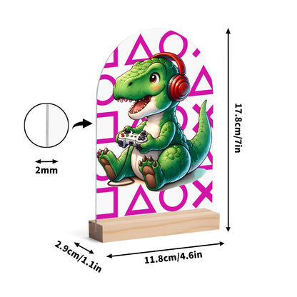 Baby T-Rex Gamer - Lightweight Arch Acrylic Table Sign with Wood Stand