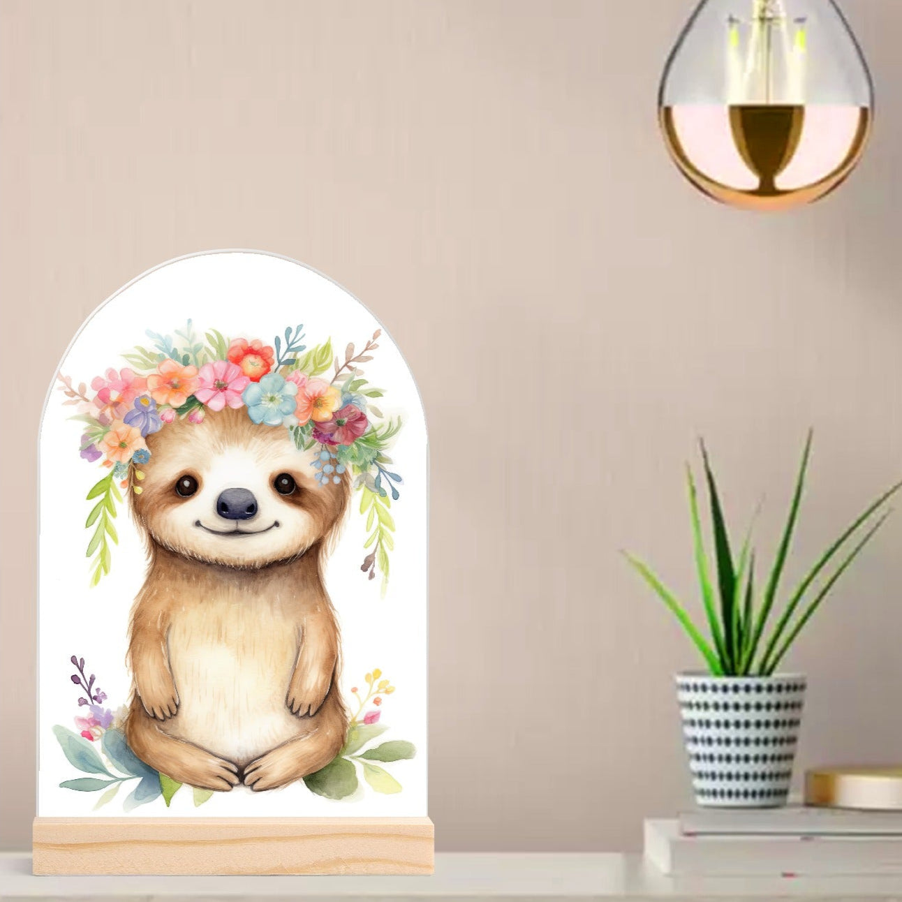 Sloth - Lightweight Arch Acrylic Table Sign with Wood Stand