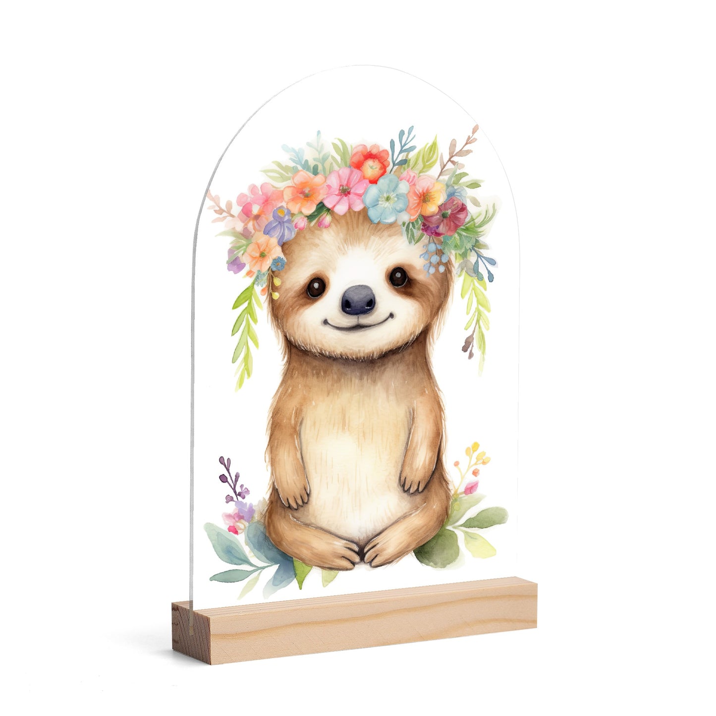 Sloth - Lightweight Arch Acrylic Table Sign with Wood Stand