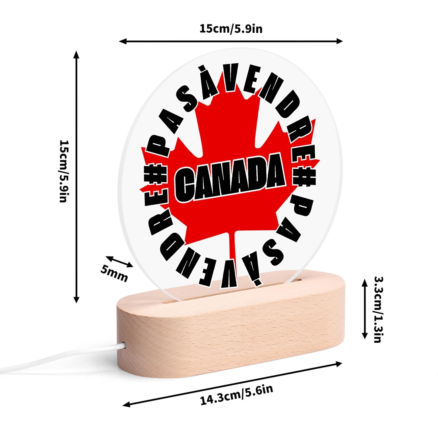 Canada n'est #PASÀVENDRE - Lampe de Nuit LED Ronde en Acrylique avec Base en Bois