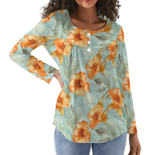 Orange Tropics | Women's Scoop Neck Baby Doll Long Sleeved Blouse