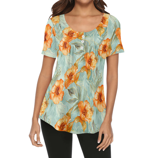 Womens Orange Tropics Scoop Neck Short Sleeve Loose Blouse - Plus Sizes Available