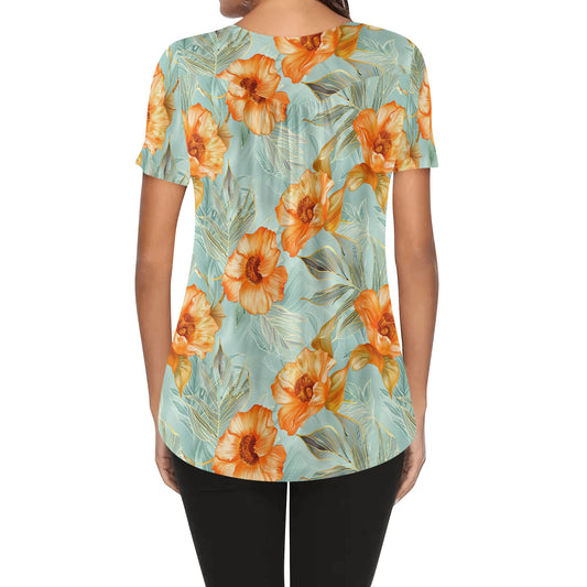 Womens Orange Tropics Scoop Neck Short Sleeve Loose Blouse - Plus Sizes Available