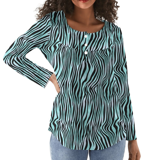 Aquamarine Zebra Print | Women's Scoop Neck Baby Doll Long Sleeved Blouse