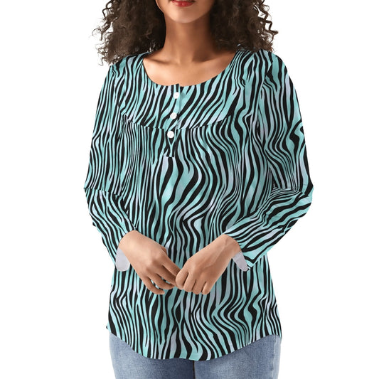 Aquamarine Zebra Print | Women's Scoop Neck Baby Doll Long Sleeved Blouse