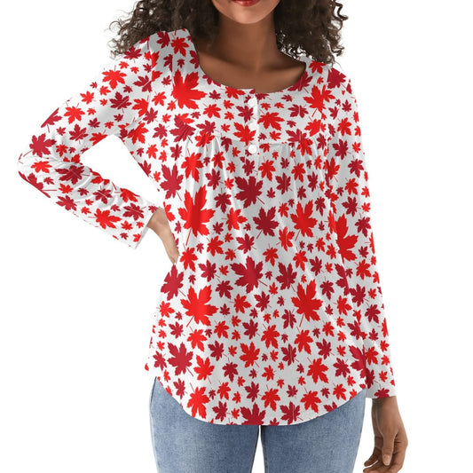Canadian Maple Leaves | Women's Scoop Neck Baby Doll Long Sleeved Blouse