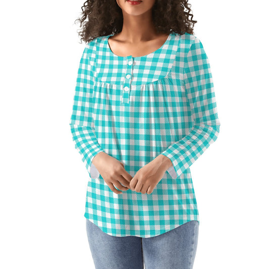 Gingham Collection | Women's Scoop Neck Baby Doll Long Sleeved Blouse