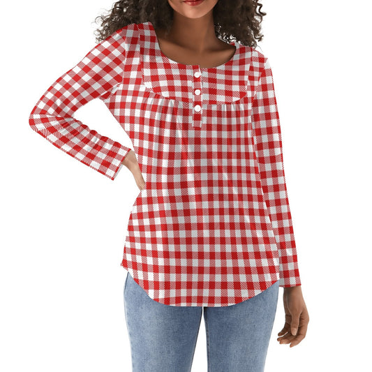 Gingham Collection | Women's Scoop Neck Baby Doll Long Sleeved Blouse