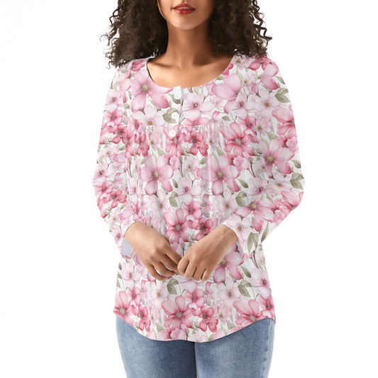 Spring Pinks | Women's Long Sleeve Loose Flare Blouse -  Avail in Plus Sizes