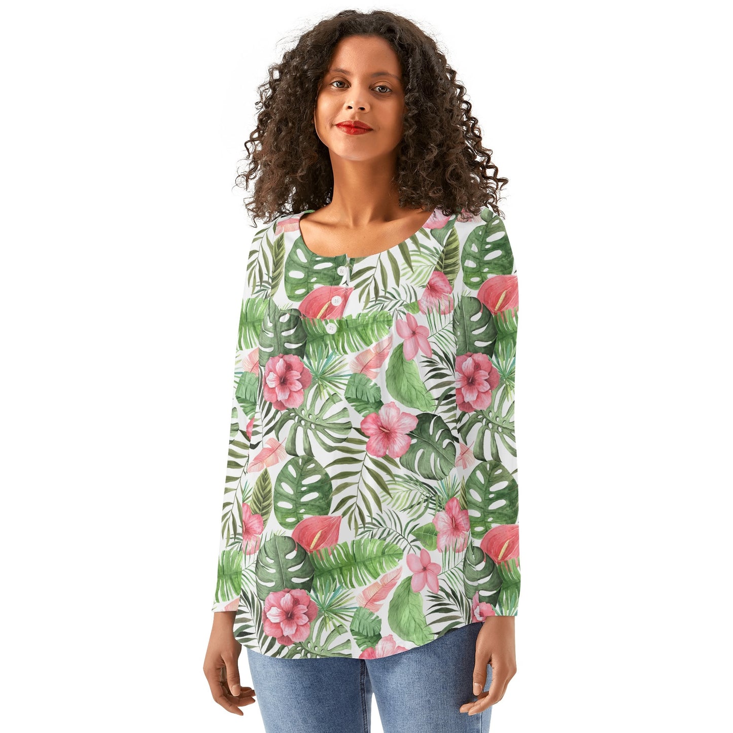 Tropical Dreams | Women's Long Sleeve Loose Flare Blouse - Avail in Plus Sizes